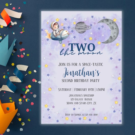Invitation Two The Moon Boy Space Rocket 2nd Birthday 