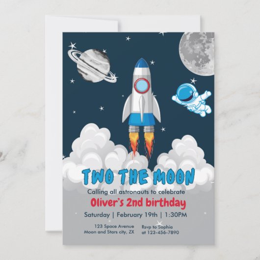 Invitation Two The Moon Boy Space Rocket 2nd Birthday  (Devant)