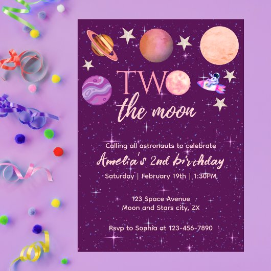 Invitation Two The Moon Girl Space Pink Planets 2nd Bday