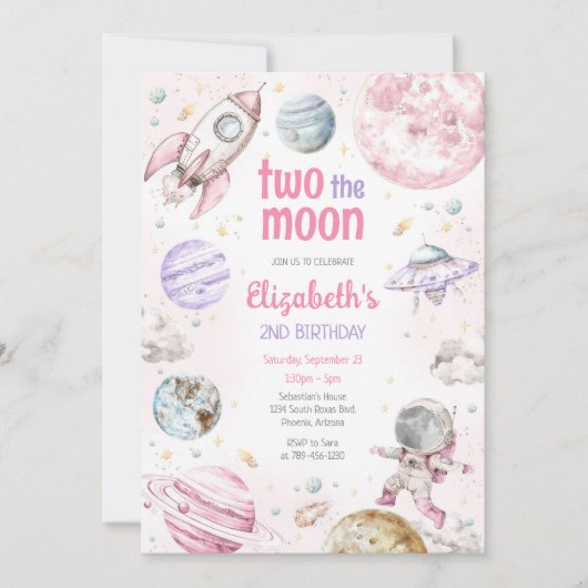 Invitation Two The Moon Outer Space Astronaut 2nd Birthday (Devant)