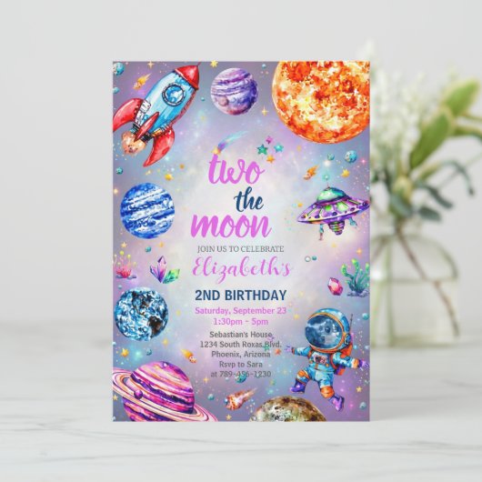 Invitation Two The Moon Outer Space Blue 2nd Birthday Party (Debout devant)