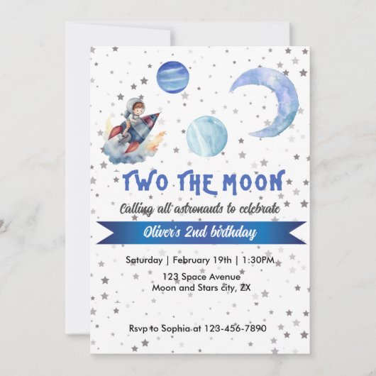 Invitation Two The Moon Rocket Space Blue Boy 2nd Birthday  (Devant)