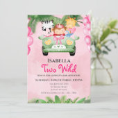 Invitation Two Wild Cute Safari Animals Girls 2nd Birthday  (Debout devant)