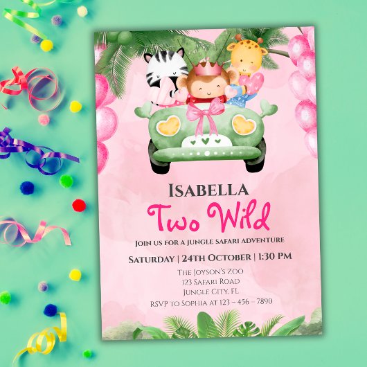 Invitation Two Wild Cute Safari Animals Girls 2nd Birthday 