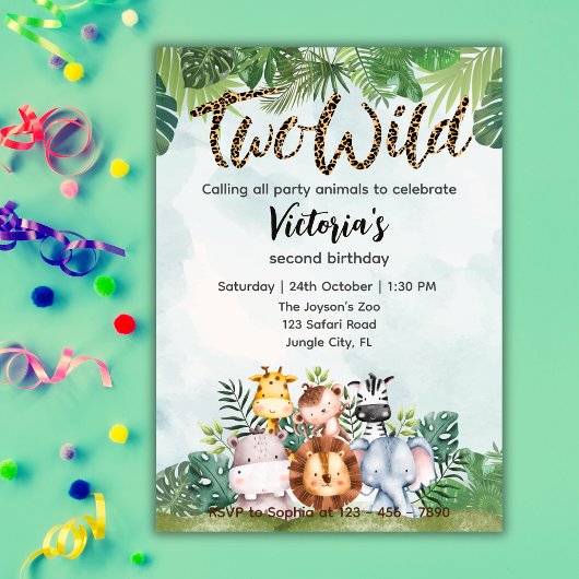 Invitation Two Wild Cute Safari Animals Girls 2nd Birthday