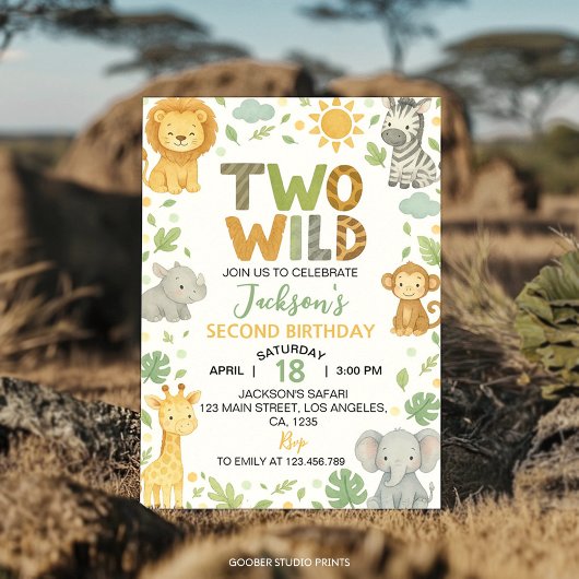 Invitation Two Wild Jungle Animals Safari 2nd Birthday