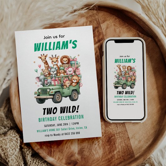 Invitation Two Wild Safari Animal 2nd Birthday Party