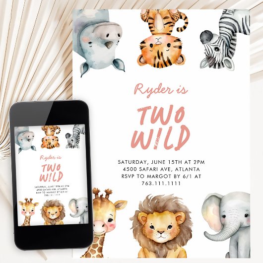 Invitation Two Wild Safari Animals 2nd Birthday