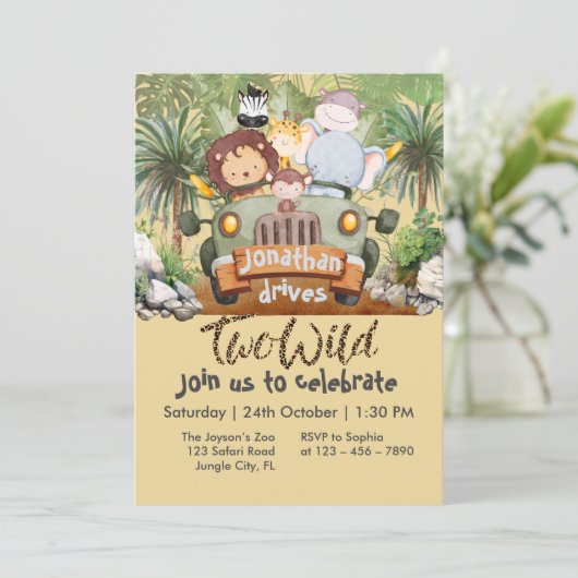 Invitation Two Wild Safari Animals Driving Car 2nd Birthday (Debout devant)