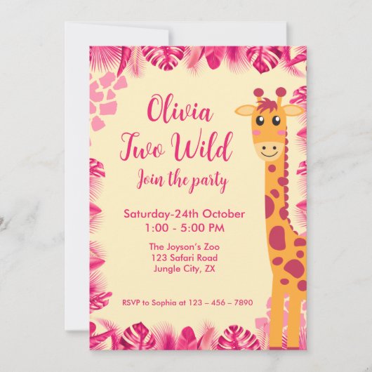 Invitation Two Wild Safari Animals Giraf Girl Pink 2nd Bday (Devant)