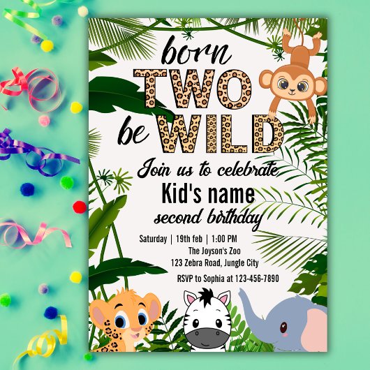 Invitation Two Wild Safari Animals Jungle Kids 2nd birthday