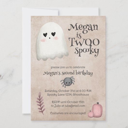 Invitation Twoo Spooky Kawaii Ghost Halloween Birthday (Devant)