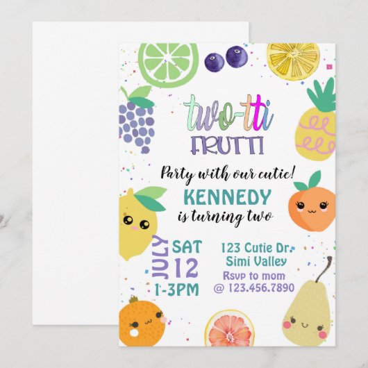 Invitation Twotti Fruiti, DEUX, Anniversaire de enfant, (Devant / Derrière)
