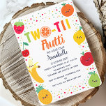 Invitation Twotti Frutti Fruit Kids Deuxième anniversaire<br><div class="desc">Célébrez la journée spéciale de votre sucré avec ce design Twotti Frutti Fruit Kids Secon Birthday. Cet invitation présente une conception de fruits mignons aux visages heureux autour de la frontière. L'inverse est un motif de fruits mignons heureux et de points colorés.</div>