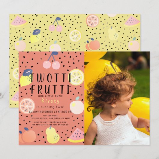 Invitation Twotti Frutti Fruit Orange Photo 2e anniversaire (Devant / Derrière)