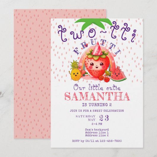 Invitation TWOTTI Tutti Frutti Fruit d'été Fille 2e anniversa (Devant / Derrière)
