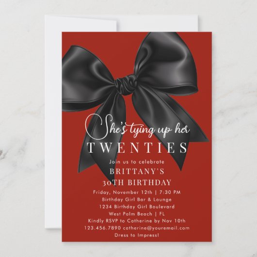 Invitation Tying Up My 20s Deep Red Black Bow 30th Birthday (Devant)
