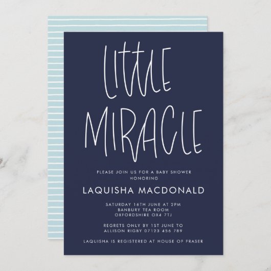 Invitation Type moderne Petit Baby shower bleu Miracle (Devant / Derrière)