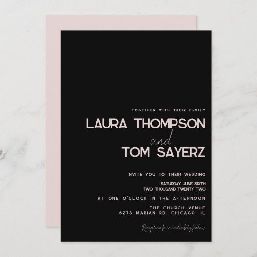 Invitation Type moderne Simple Mariage manuscrit rose noir (Devant / Derrière)