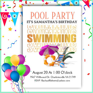 Invitation Typeographie Word Art Pool Fête Anniversaire