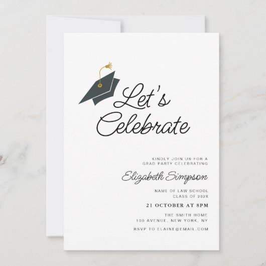 Invitation typographie à la mode fête de graduation noir & bl (Devant)