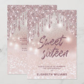 Invitation Typographie adorable rose or glittery gouttes d'om (Devant / Derrière)