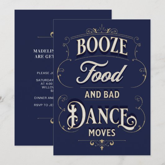 Invitation Typographie amusante Booze Dance alimentaire Démén (Devant / Derrière)