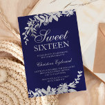 Invitation Typographie argent floral marine bleu chic Sweet 1<br><div class="desc">Typographie argent feuille floral bleu marine chic doux 16 ans fête avec feuillage argent peint à la main. L'arrière - plan bleu marine est entièrement personnalisable</div>