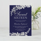 Invitation Typographie argent floral marine bleu chic Sweet 1 (Debout devant)