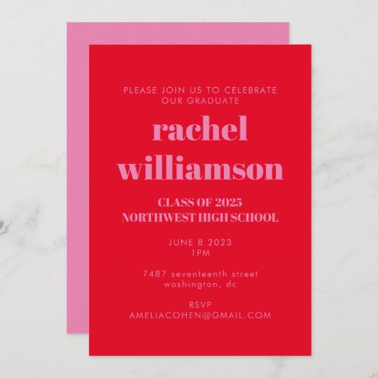 Invitation Typographie audacieuse Bright Rose Red Graduation  (Devant / Derrière)