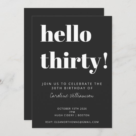 Invitation Typographie audacieuse Noir moderne 30e fête d'ann (Devant / Derrière)