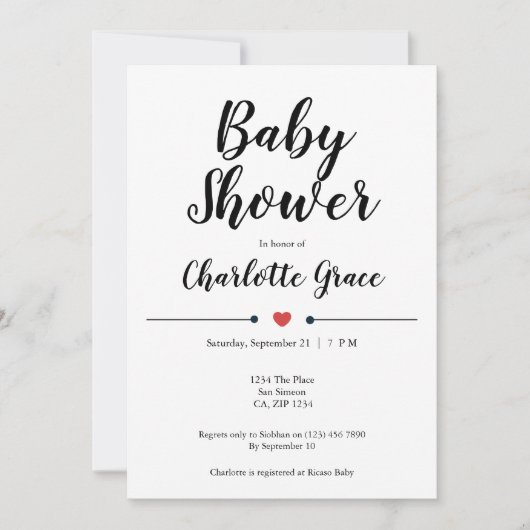 Invitation Typographie Baby shower noir blanc Coeur Baisers (Devant)