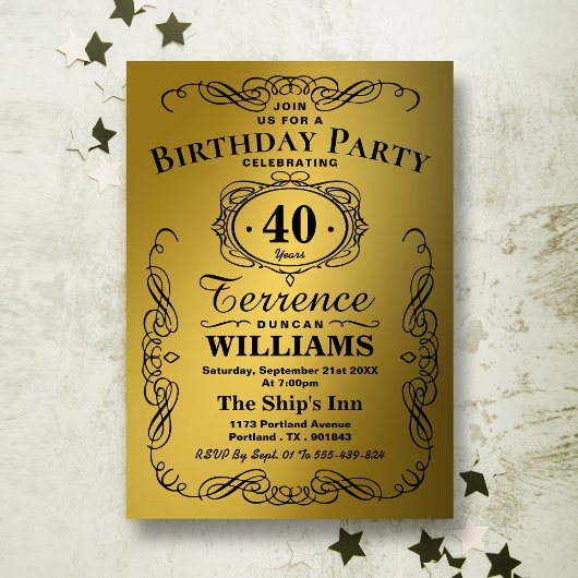 Invitation Typographie Black & Gold tendance fête d'anniversa