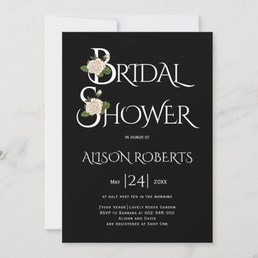 Invitation Typographie blanche et douche rose noire (Devant)