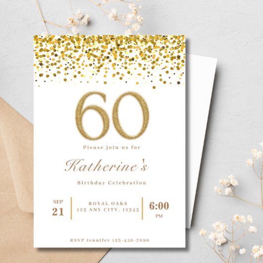 Invitation Typographie blanche et or 60e Anniversaire moderne