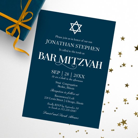 Invitation Typographie Blanche Moderne Sur Blue Bar Mitzvah