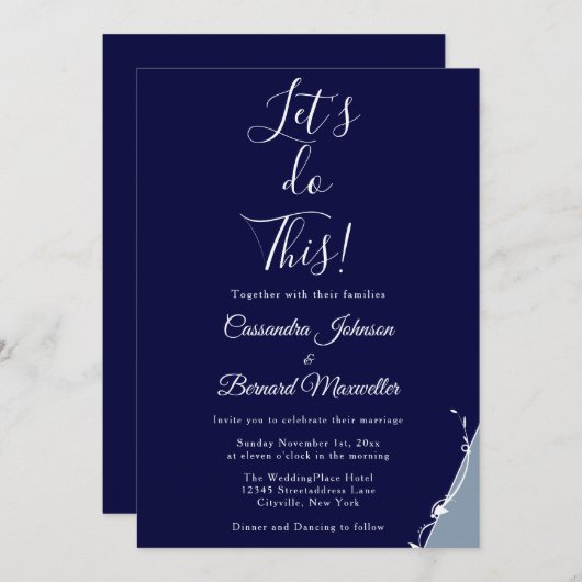 Invitation Typographie Bleu Blanc Excitée Minimal Mariage Inv (Devant / Derrière)