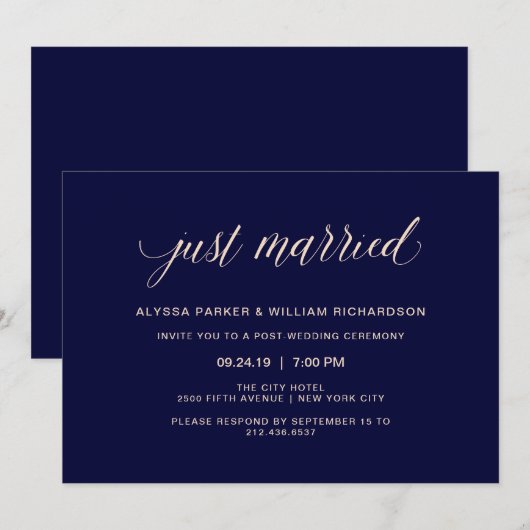 Invitation Typographie Bleu Marine et Rose Blush | Tout juste (Devant / Derrière)