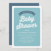 Invitation Typographie Bleu Rétro Script Baby shower classiqu (Devant / Derrière)