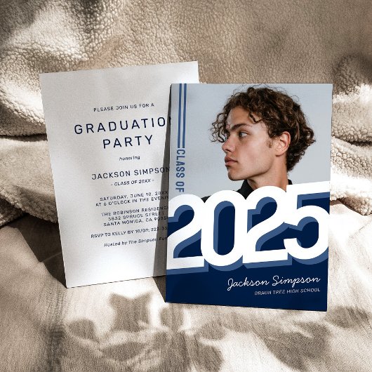 Invitation Typographie Bleue Moderne Photo Graduation Invitat