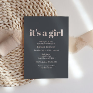 Invitation Typographie Boho rose Grey Baby shower fille