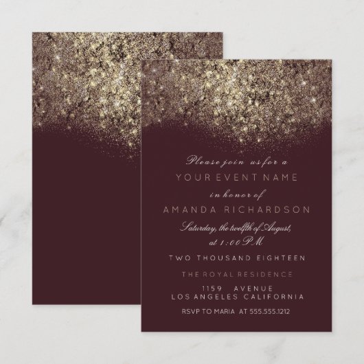 Invitation Typographie bordeaux pailletée dorée abstraite (Devant / Derrière)