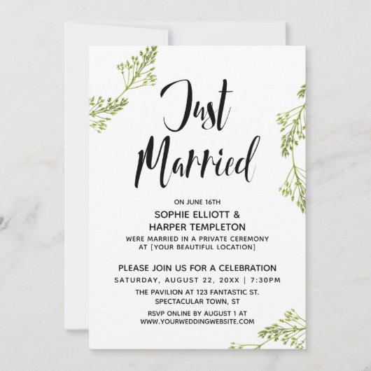 Invitation Typographie botanique de mariage juste célébré Mar (Devant)