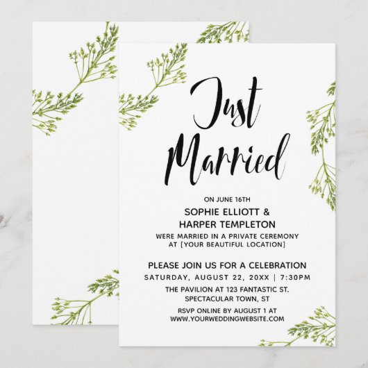 Invitation Typographie botanique de mariage juste célébré Pos (Devant / Derrière)