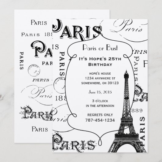 Invitation Typographie Calligraphie Paris France Tour Eiffel (Devant / Derrière)