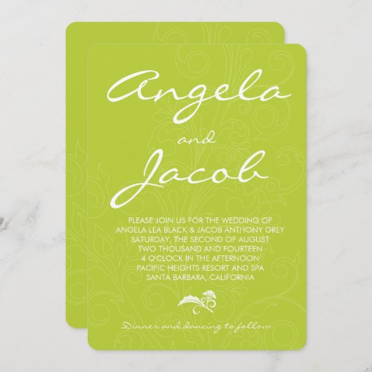 Invitation Typographie Chartreuse Vert Mariage Floral (Devant / Derrière)