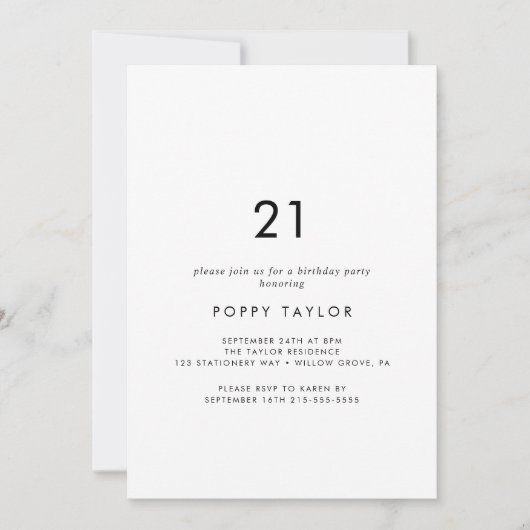 Invitation Typographie chic 21e fête d'anniversaire (Devant)