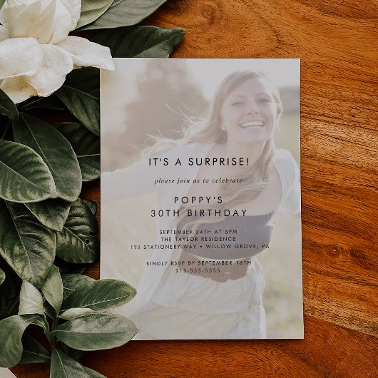 Invitation Typographie chic | Faded Photo Surprise Party