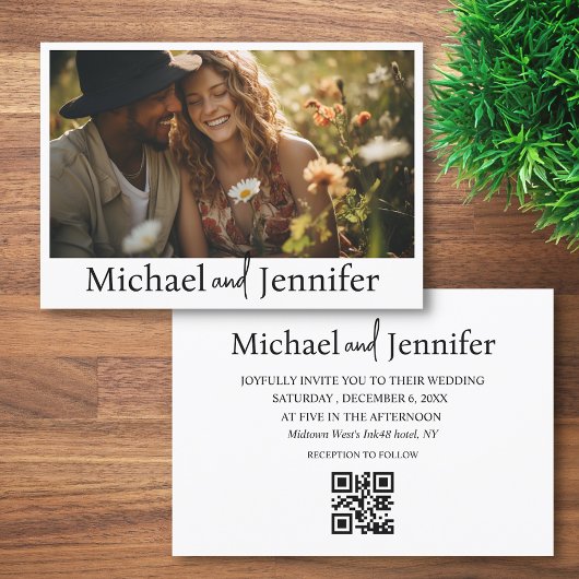 Invitation typographie chic moderne code qr photo mariage