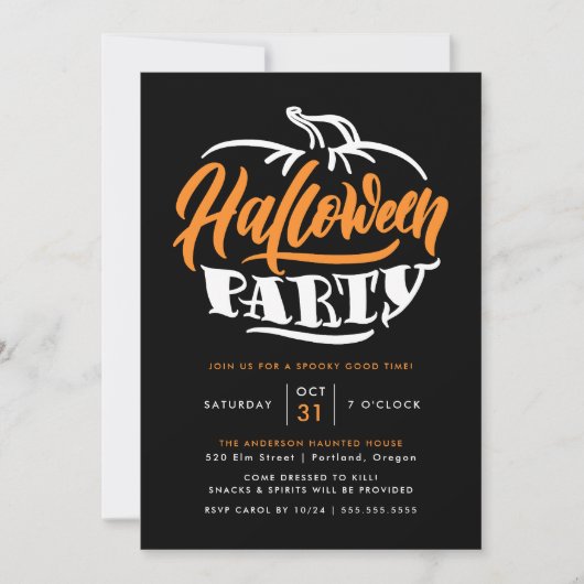 Invitation Typographie Citrouille orange et noir Fête d'Hallo (Devant)